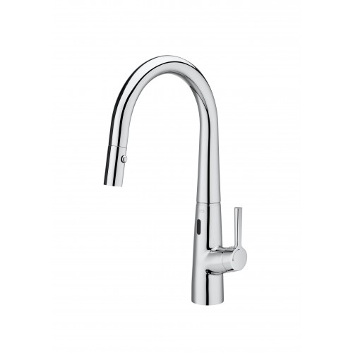 Baterie bucătărie electronică, Cold Start, cu duș extractibil(2 funcții) și pipă pivotantă. Sursa de alimentare inclusă - retea 230V.